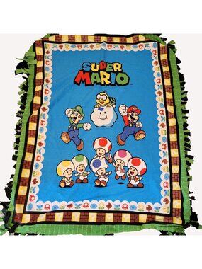 Super Mario Fleece Tie Blanket Luigi Toad Characters Bright Blue & Green Design
